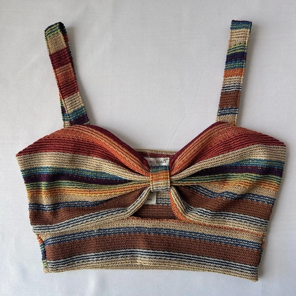 a'gaci Brown and Blue Sleeveless Tie Front Crop Tank Top - Picture 1 of 4